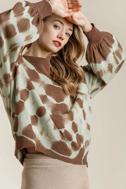 Umgee Full Size Ribbed Hem Tie Dye Round Neck Sweater Plus Size