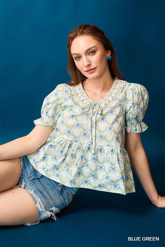 Umgee Lace Detail Bow Print Flounce Sleeve Blouse
