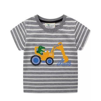 Children's Excavator Striped Round Neck T-Shirt