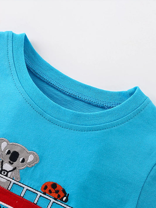 Children's Cartoon Bus Embroidery Short Sleeve T-Shirt