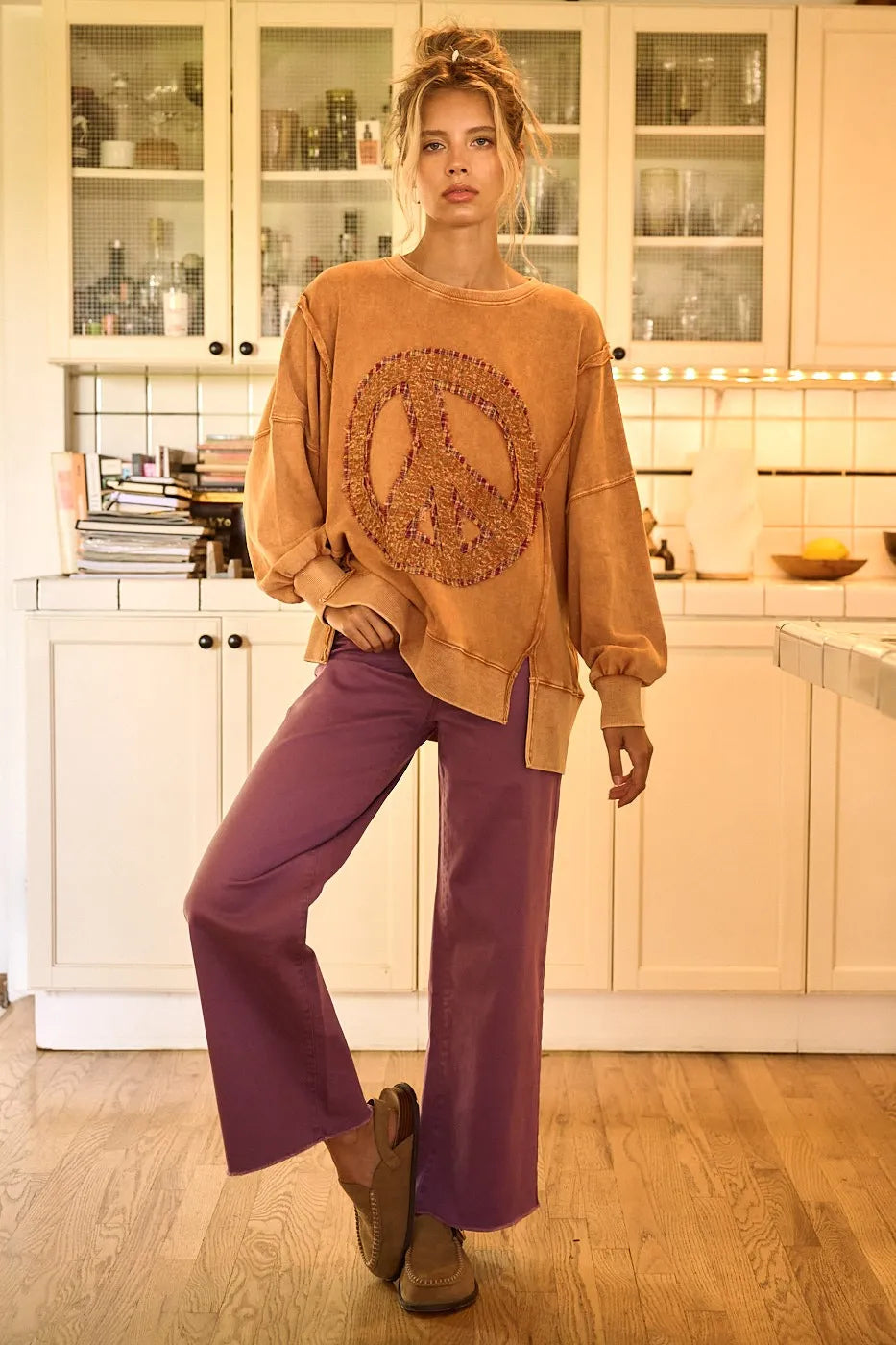 Mittoshop Twill High Waisted Button Fly Wide Leg Pants