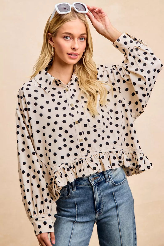 BiBi Crinkle Polka Dot Ruffled Hem Button Up Shirt Top