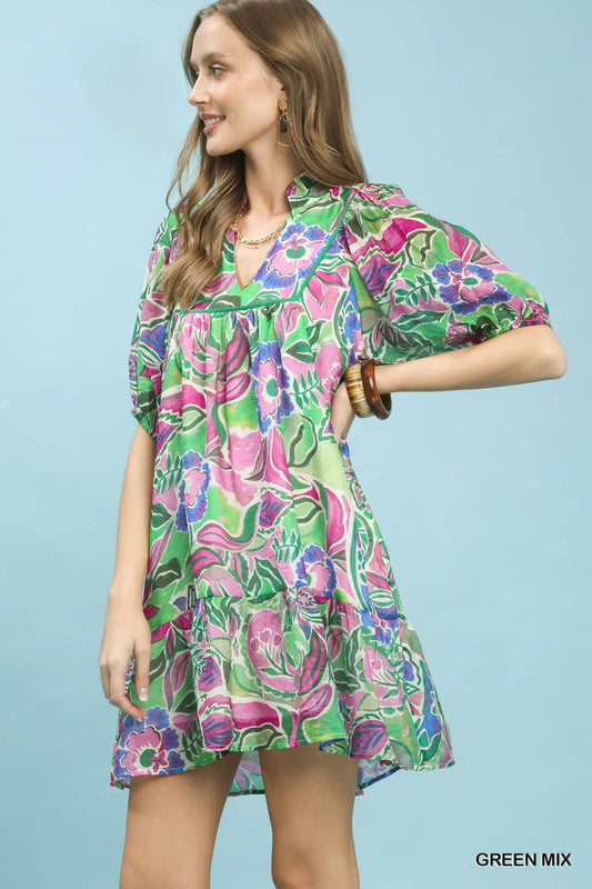 Umgee Abstract Print V-Neck Baby Doll Dress