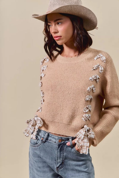 SO ME Checkered Plaid Tape Lace Up Ribbed Sweater
