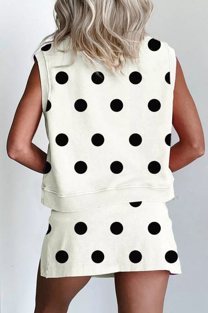 Ribbed Trim Polka Dot Print Tank Split Mini Skort 2pcs Set