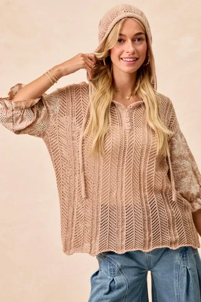 BiBi Jacquard Flower Puff Sleeve Hooded Knit Top