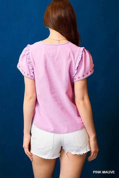 Umgee Floral Embroidered Tie Neck Short Sleeve Blouse