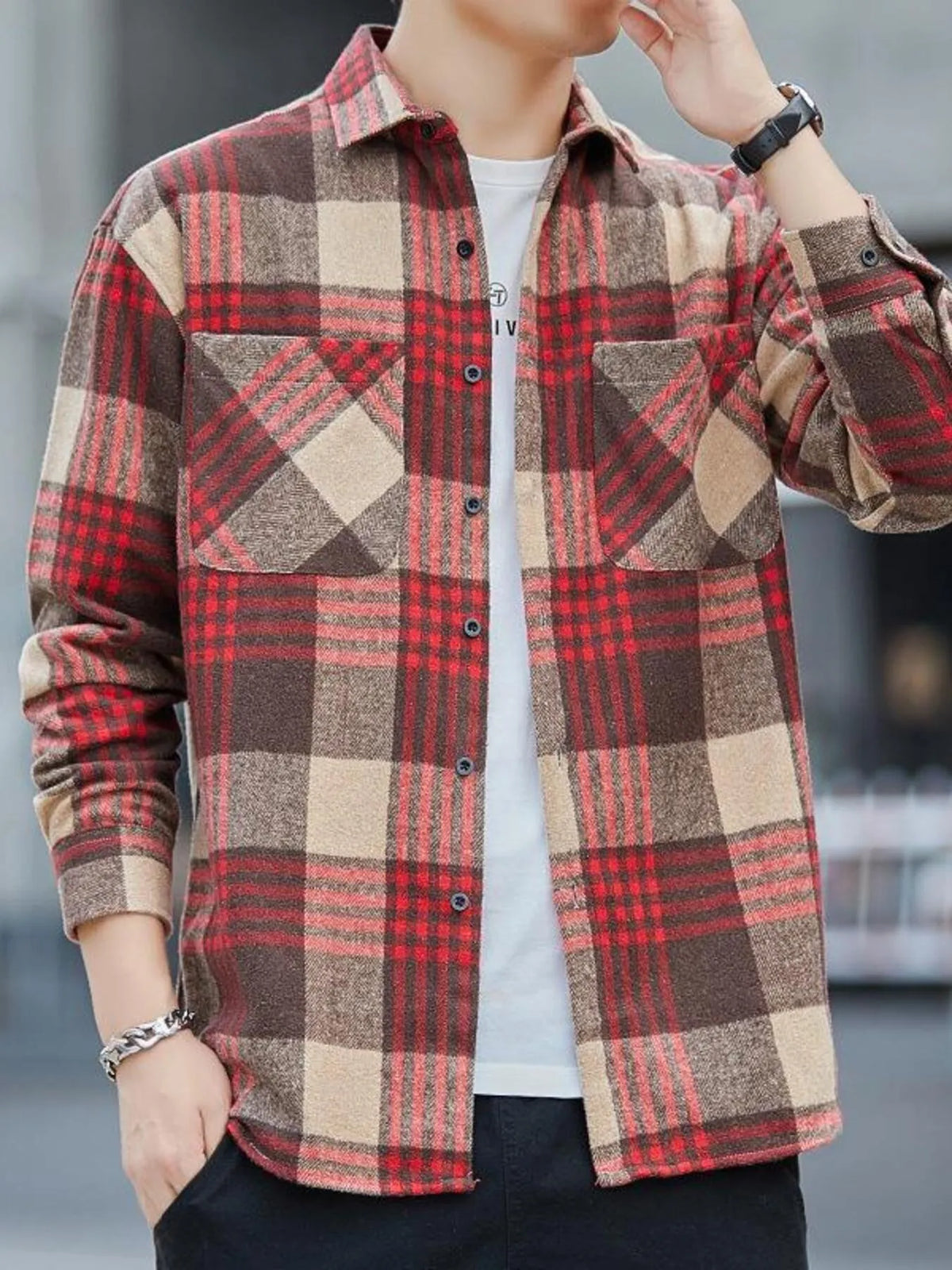 Men's Plus Size Casual Plaid Long Sleeve Shirt