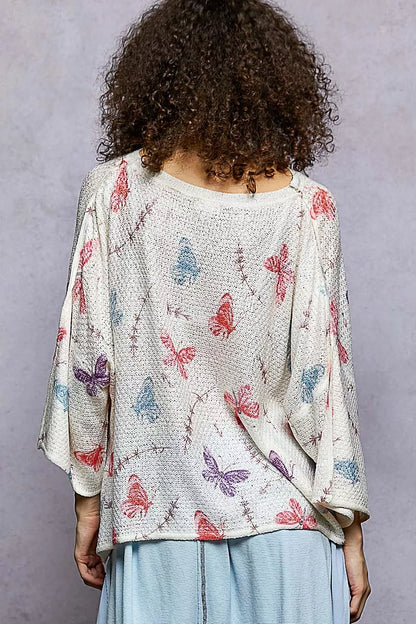 POL Butterflies Pattern Round Neck knit Top with Outseam Rolling Edge