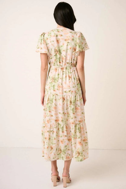 Mittoshop Flower Print Flutter Sleeve V Slit Maxi Dress