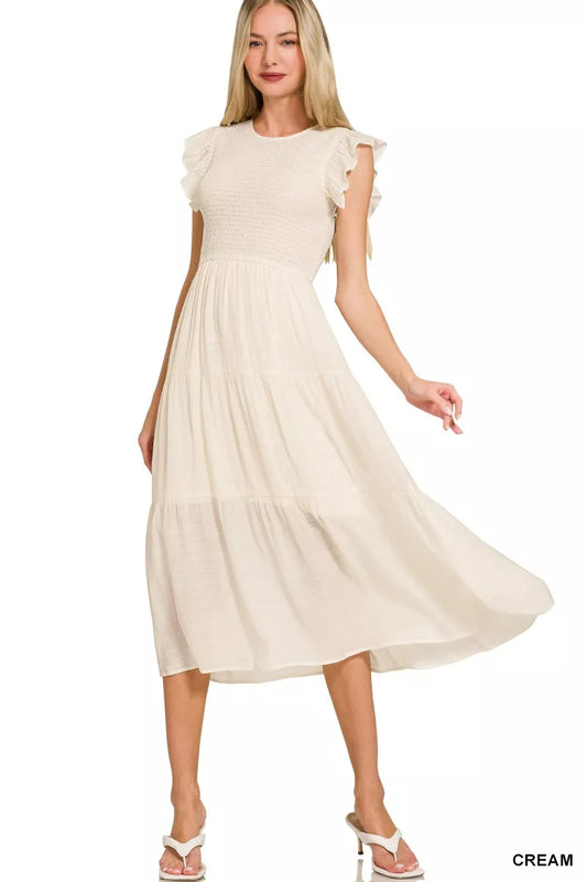 Zenana Woven Smocked Ruffle Sleeve Midi Dress