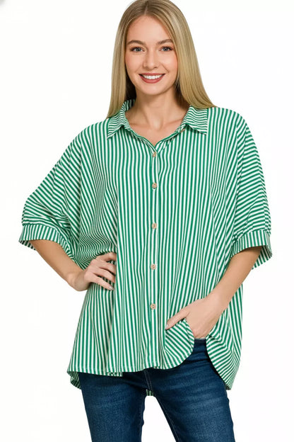 Zenana Oversized Stripe Button Down Shirt