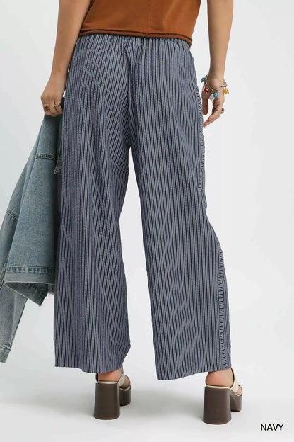 Umgee Drawstring Striped Wide-Leg Pants