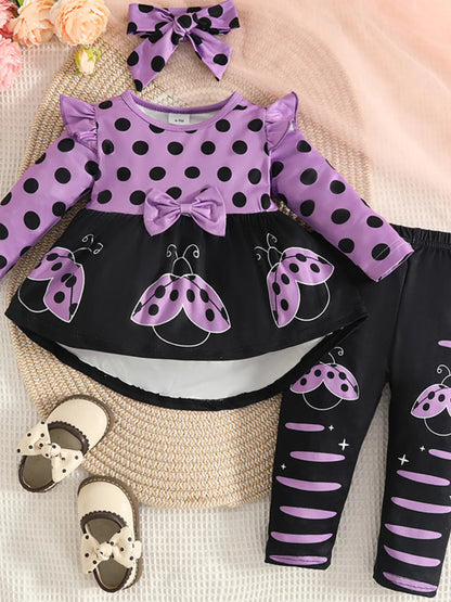 Children's Ladybug Print Ruffle Trim Top and Pants Set