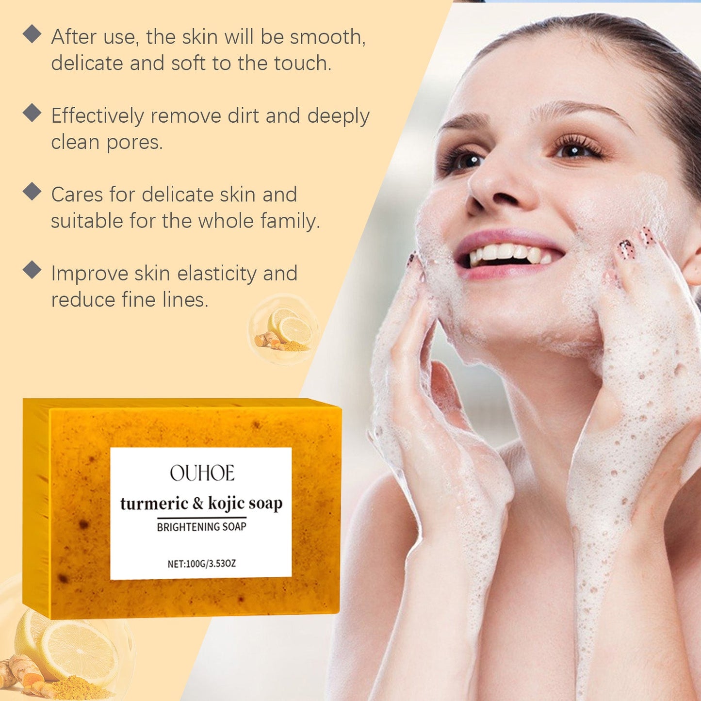 OUHOE Turmeric & Kojic Soap, Gentle Cleansing Skin Moisturizing Facial Body Care Soap