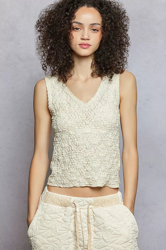 POL Textured Knit V-Neck Tank with Lace Trim