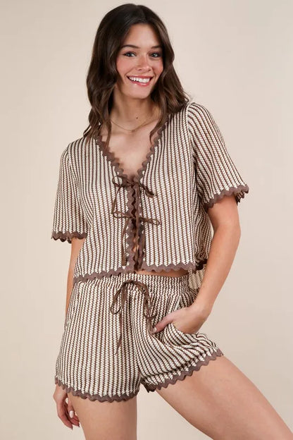 VERY J Wave Trim Detail Knit Top & Shorts Set