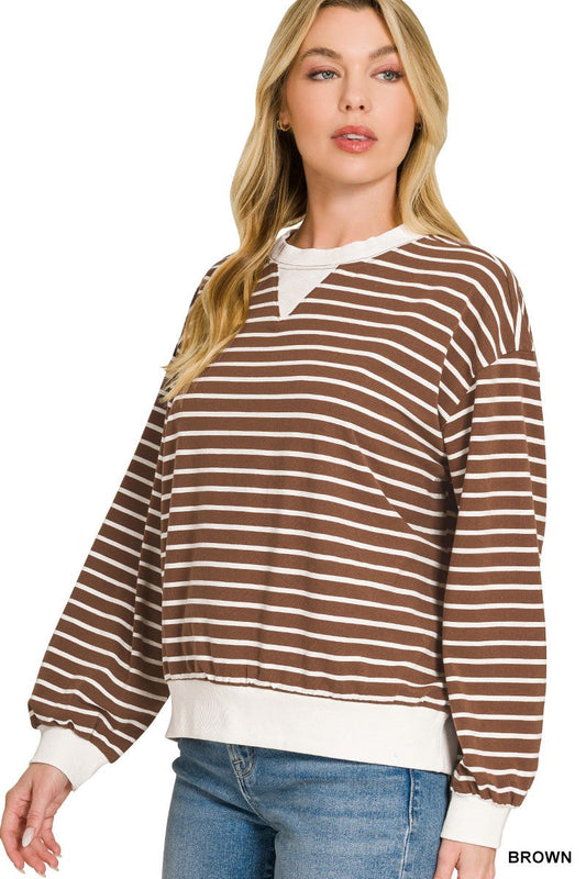 Zenana Striped Rib Banded Sweatshirt