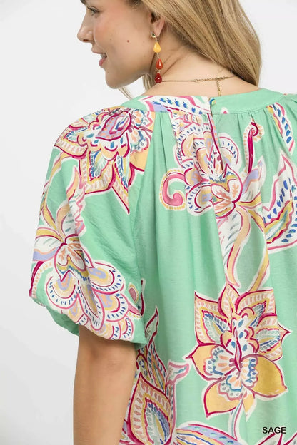 Umgee Paisley Print Puff Sleeve Top
