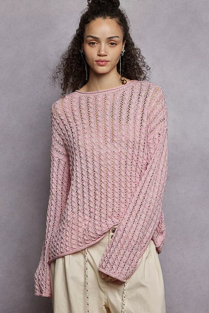 POL Openwork Round Neck Knit Top with Shiny Detail