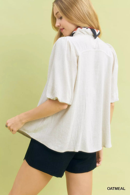 Umgee Linen Scallop Trim V-Neck Blouse