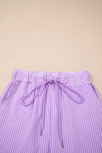 Stripe Dolman Sleeve Polo Shirt and Drawstring Shorts Set