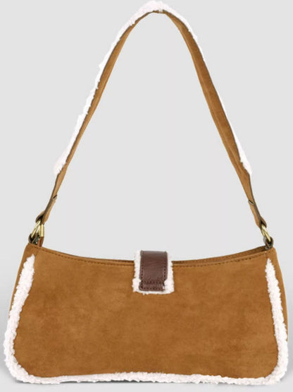 Vintage Suede Shoulder Bag with Plush Trim