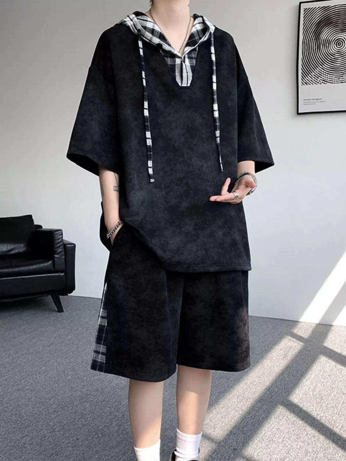 Men's Plus Size Tie-Dye Plaid Patchwork Hoodie and Shorts Set