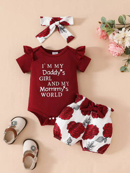 Children's Ruffled Bodysuit and Floral Shorts Set with Headband