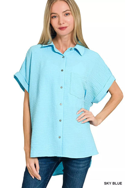 Zenana Woven Airflow Button Down Shirt