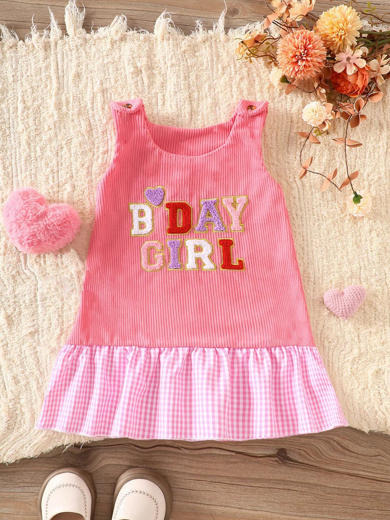 Children's Plaid Hem Corduroy Sleeveless Dress