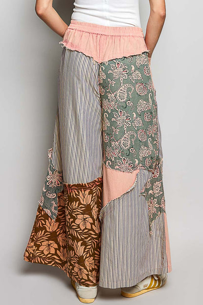 POL Striped Floral Patchwork Wide leg Pants with Side Big Star Patch
