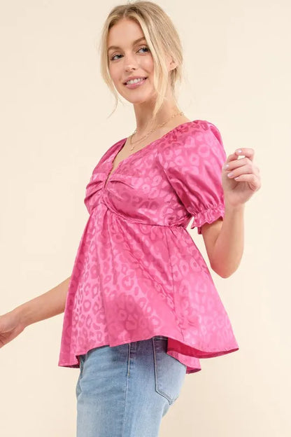 And The Why Satin Leopard V Wired Puff Sleeves Blouse