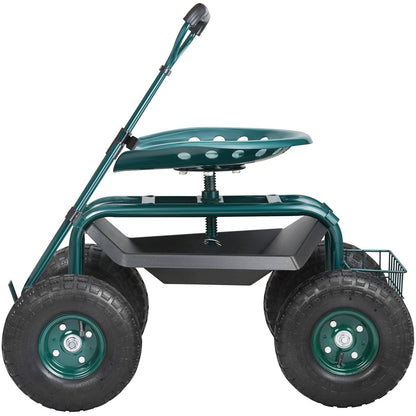 VEVOR Garden Cart Rolling Workseat With Wheels, Gardening Stool For Planting, 360 Degree Swivel Seat, Wagon Scooter With Steering Handle & Utility Tool Tray, Use For Patio, Yard, And Outdoors, Green