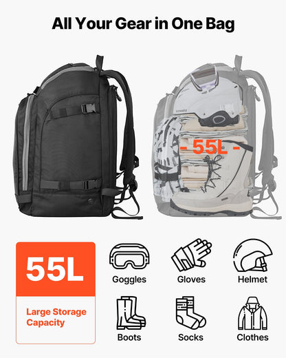 Ski Boot Bag, 55L, Snowboard Boots Travel Backpack For Men Women, With Waterproof Exterior & Bottom, Durable 1680D Oxford, Bag For Skis, Snowboard, Helmet, Goggles, Gloves, Accessories (Black)