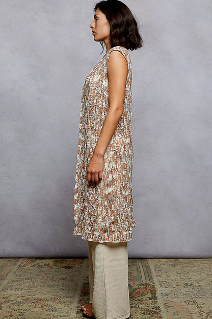 POL Metal Button Down Crochet Sleeveless Longline Cardigan