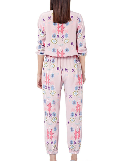 Printed Round Neck Long Sleeve Top and Pants Lounge Set