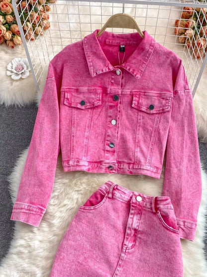Button Up Jacket and Slit Skirt Denim Set