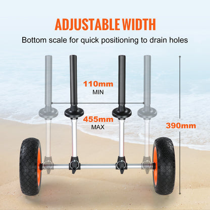 VEVOR Heavy Duty Kayak Cart, 280lbs Load Capacity, Detachable Canoe Trolley Cart With 10'' Solid Tires, Adjustable Width & Top Foam Protection, For Kayaks With Drain Holes Of 2.54cm And Above