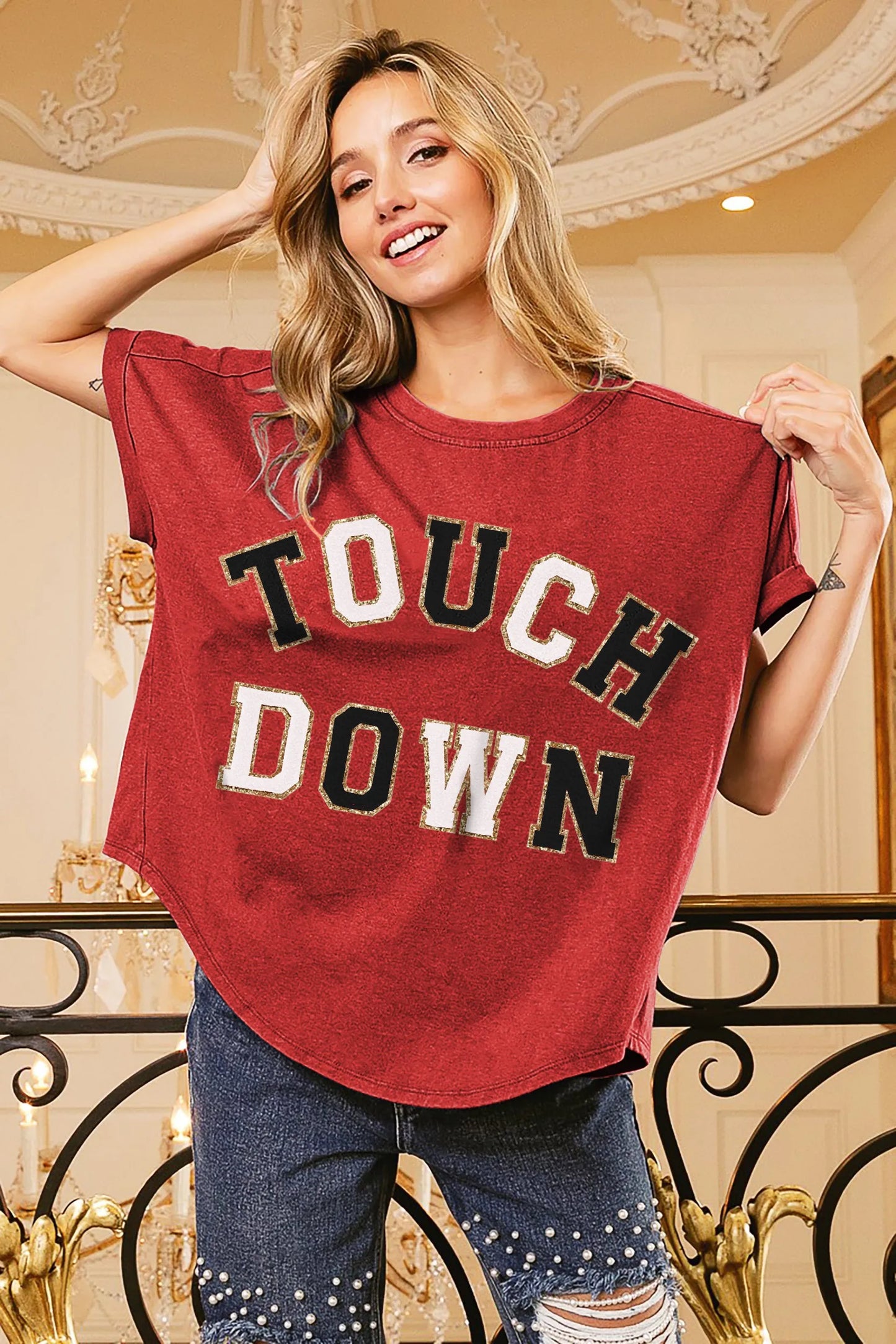 BiBi Touchdown Letter Loose Fit Vintage Washed Top