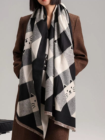 Cute Cat Pattern Plaid Raw Hem Scarf