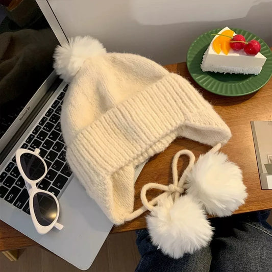 Warm Knitted Beanie Hat with Pom Pom Ear Flaps