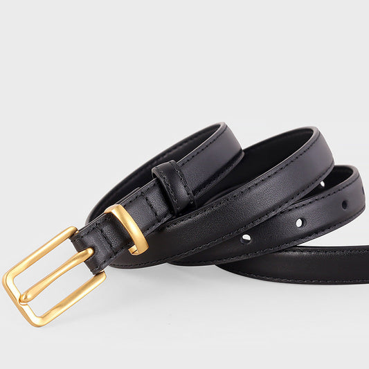 Leather Skinny Belt with Golden Buckle