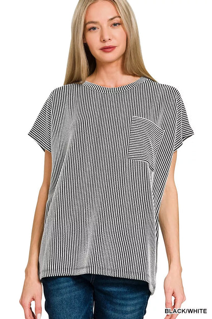 Zenana Raised Rib Front Pocket Boxy Top