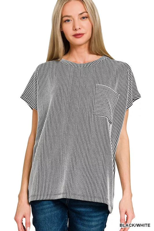 Zenana Raised Rib Front Pocket Boxy Top