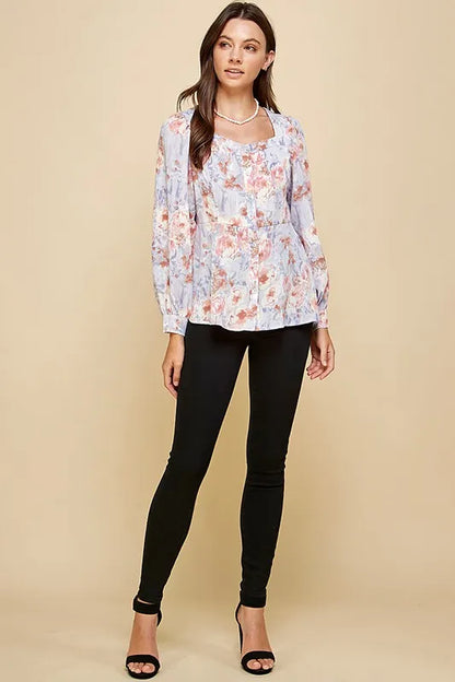 Lime 'N' Chili Floral Sweetheart Neckline Button Down Blouse