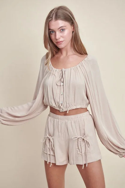 MABLE Gauze Long Sleeve Button Crop Top and Short Set