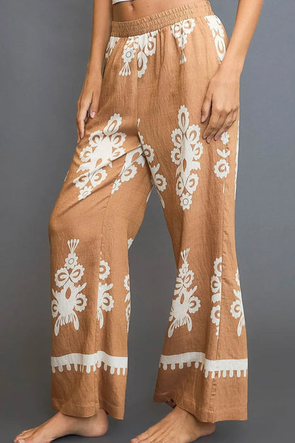 Umgee Full Size Border Print Wide Leg Pants Plus Size
