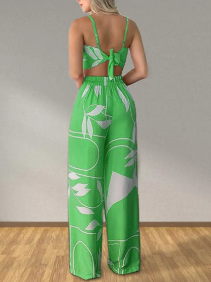 Tropical Print Spaghetti Strap Crop Top and Wide Leg Pants Set