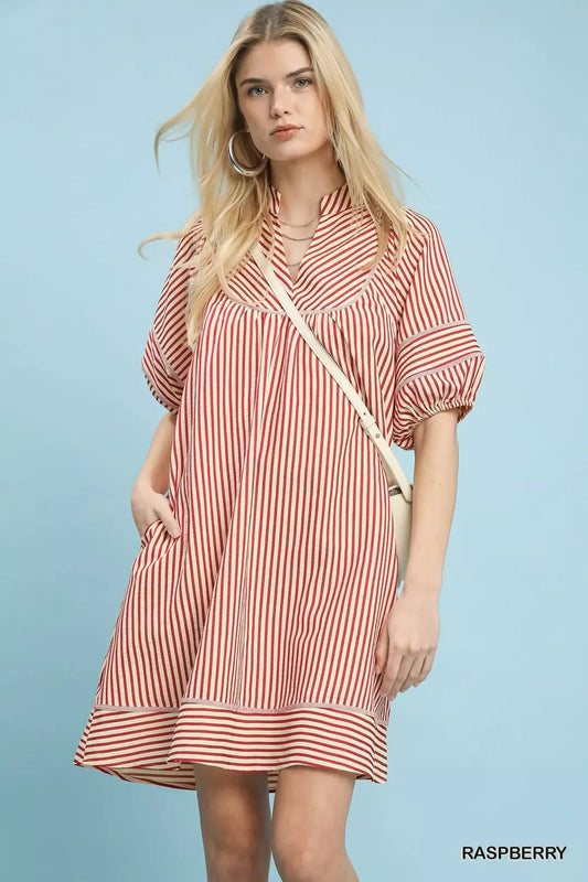 Umgee Striped Puff Sleeve Shift Dress